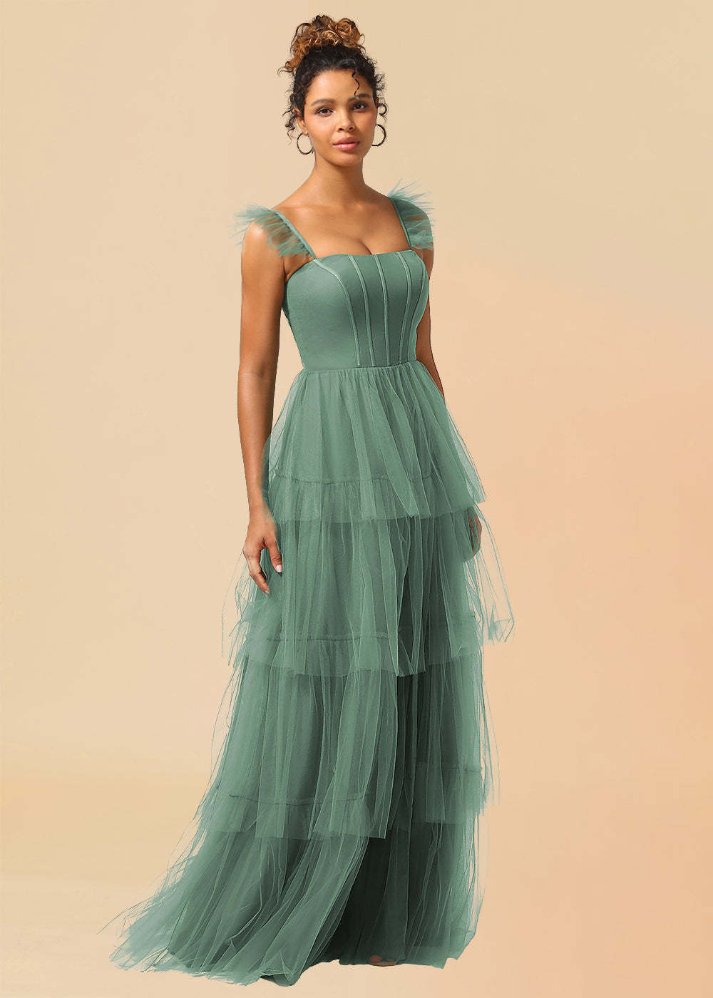 Tulle Tiered A-line Corset Convertible Floor Length Bridesmaid Dress