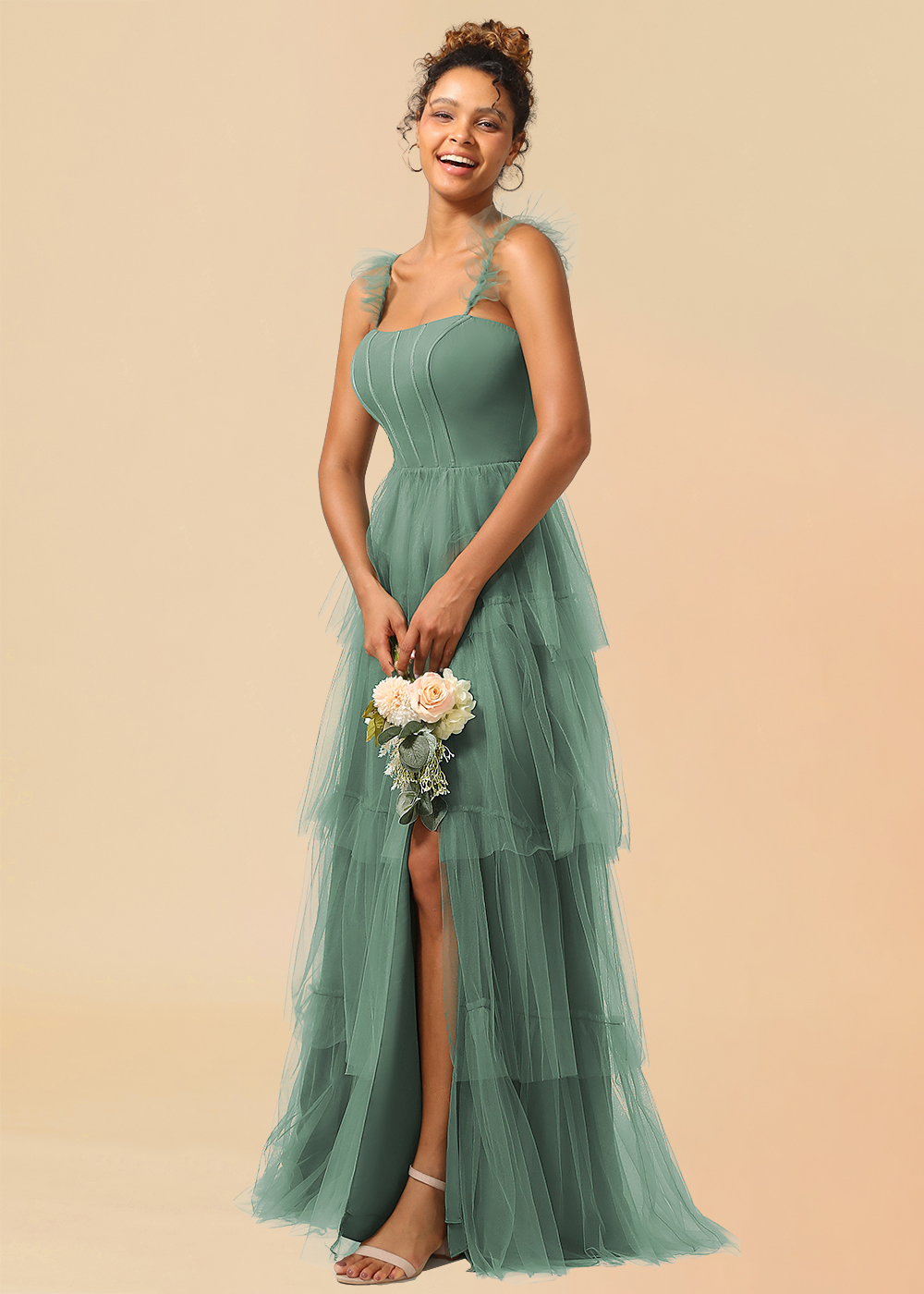 Tulle Tiered A-line Corset Convertible Floor Length Bridesmaid Dress