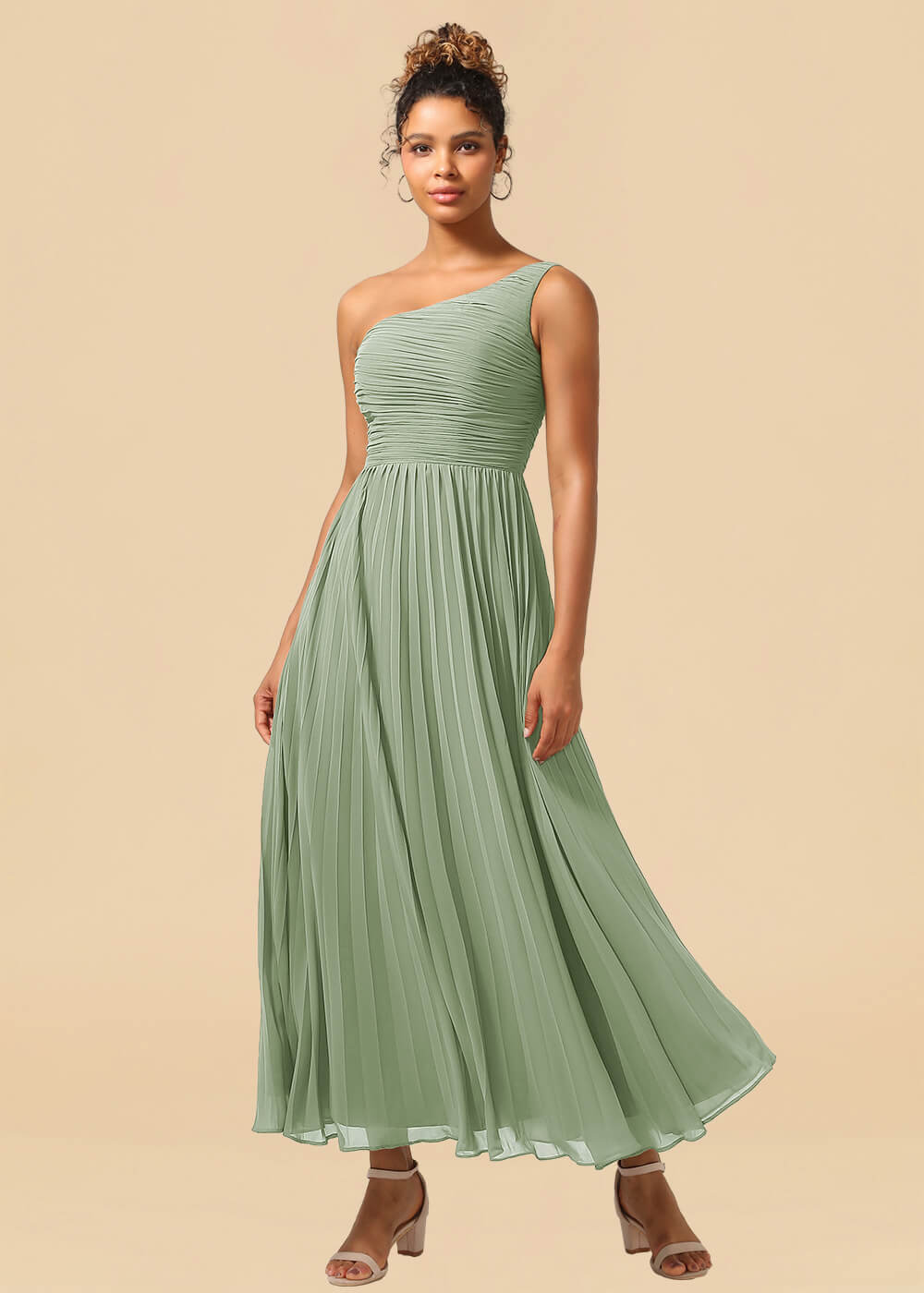 One Shoulder Pleated Chiffon A-line Ankle Length Bridesmaid Dress