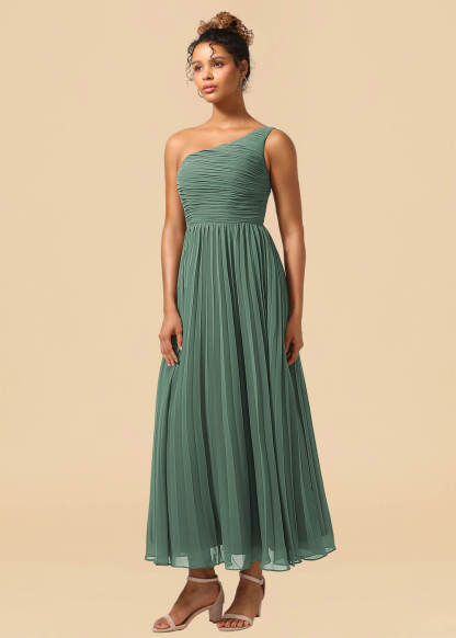 One Shoulder Pleated Chiffon A-line Ankle Length Bridesmaid Dress