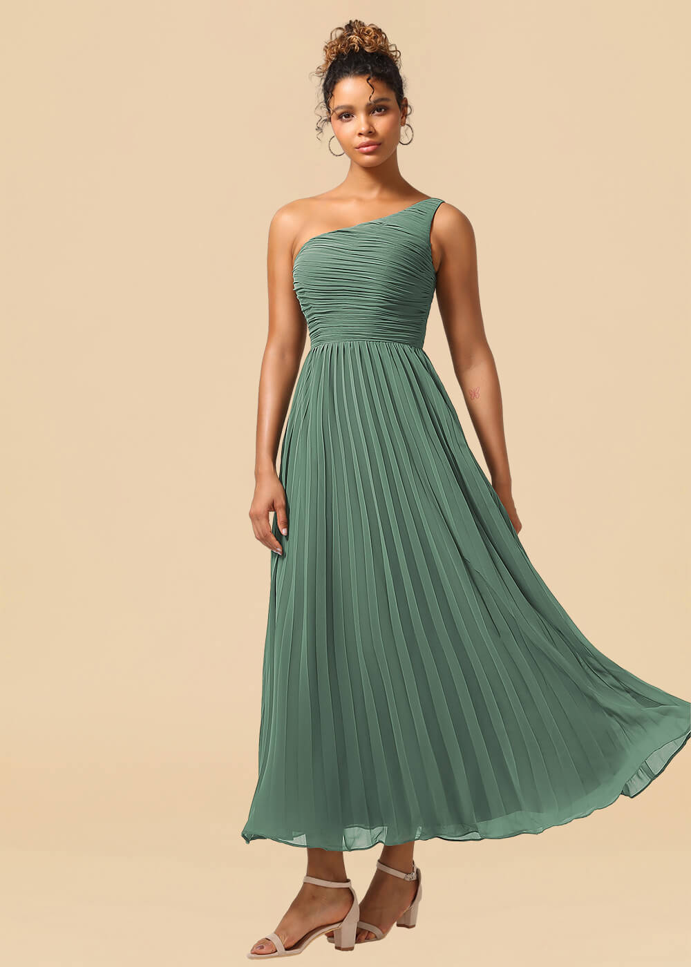 One Shoulder Pleated Chiffon A-line Ankle Length Bridesmaid Dress