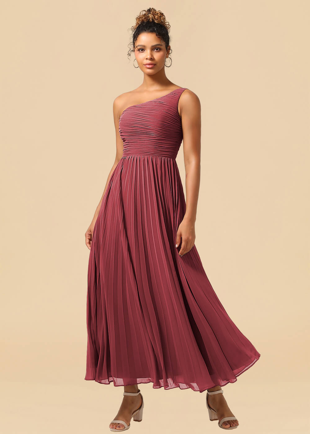 One Shoulder Pleated Chiffon A-line Ankle Length Bridesmaid Dress