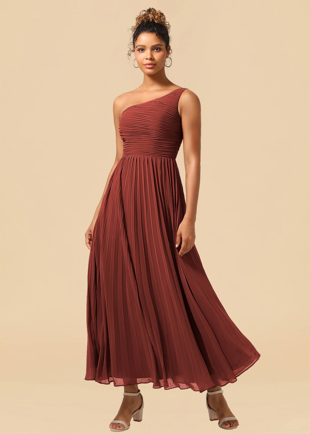 One Shoulder Pleated Chiffon A-line Ankle Length Bridesmaid Dress