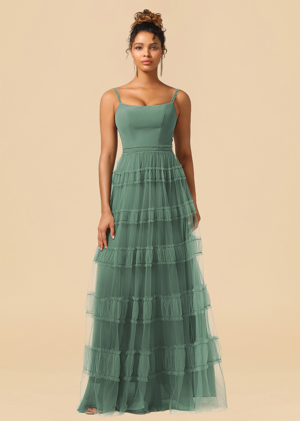 Tulle Spaghetti Strap A-line Floor Length Bridesmaid Dress