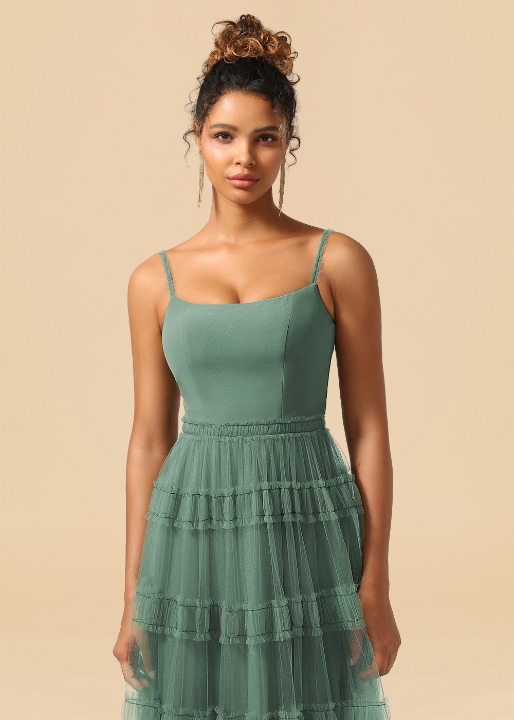Tulle Spaghetti Strap A-line Floor Length Bridesmaid Dress