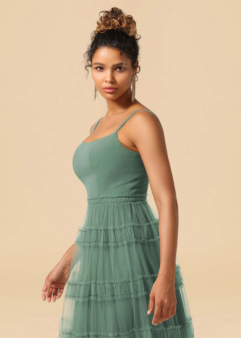 Tulle Spaghetti Strap A-line Floor Length Bridesmaid Dress