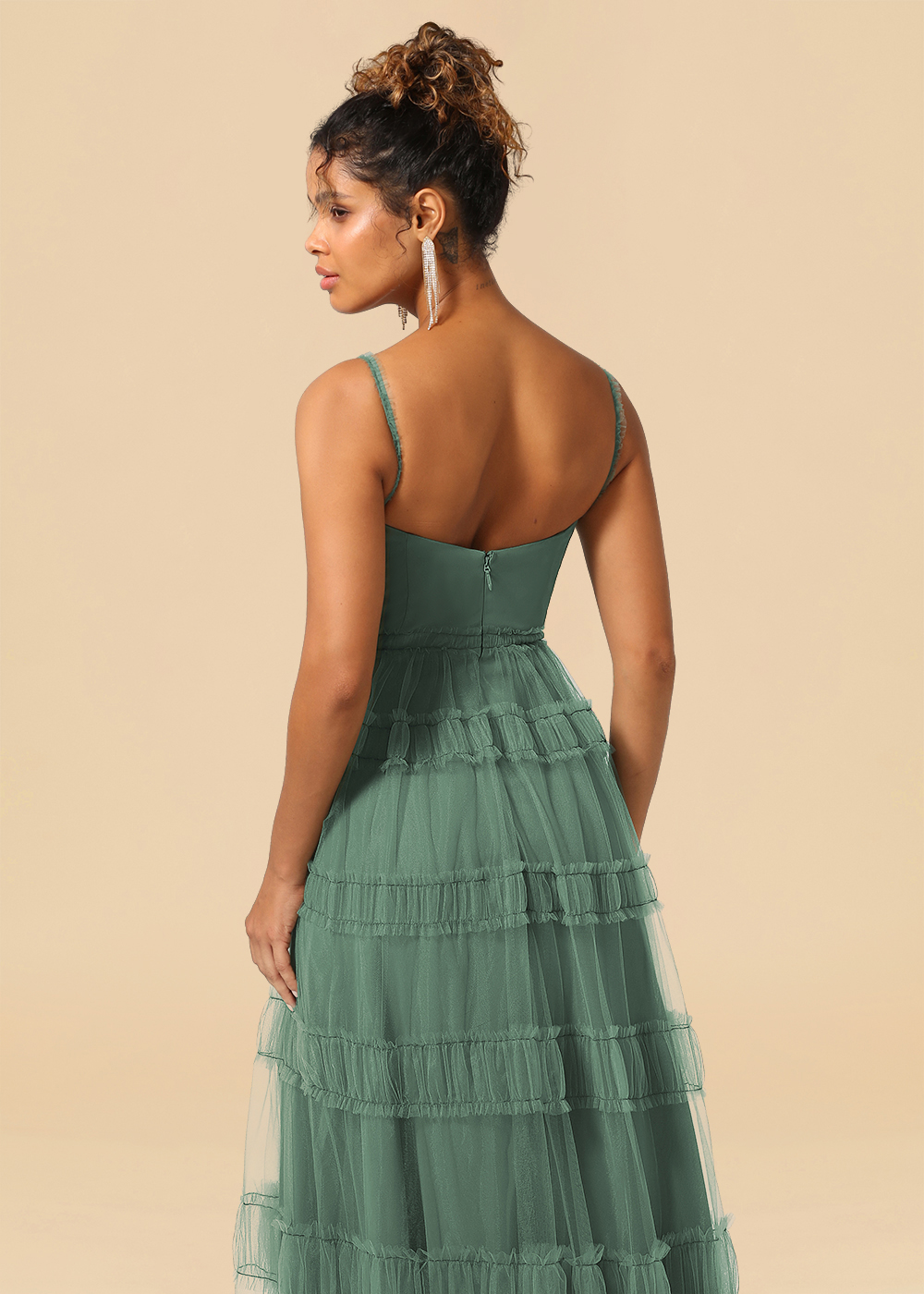 Tulle Spaghetti Strap A-line Floor Length Bridesmaid Dress