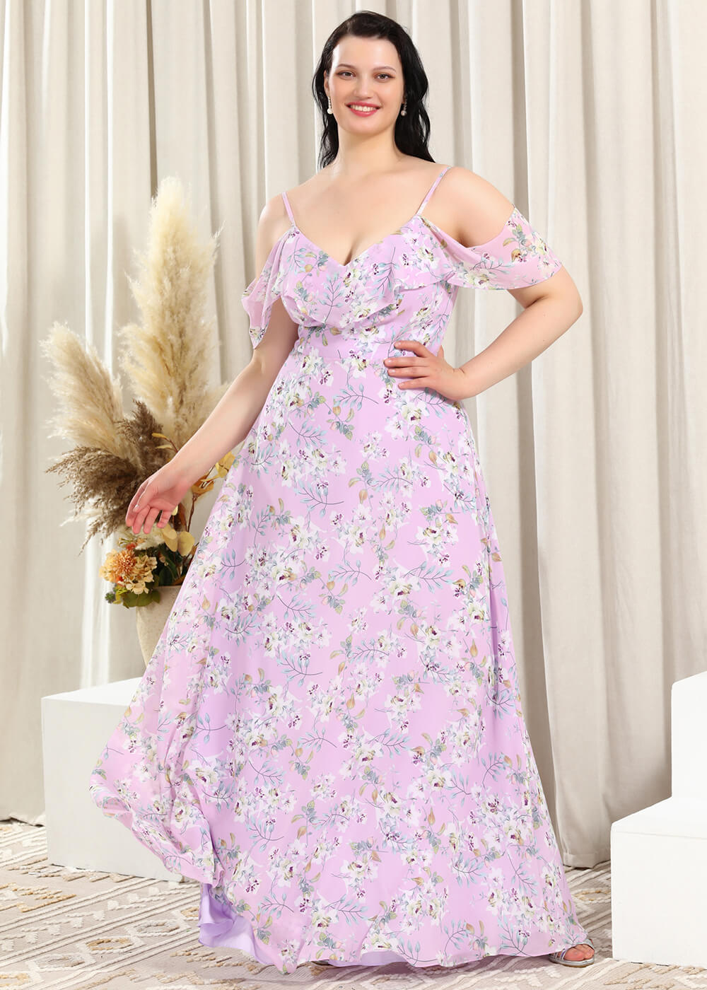 Floral Printing White Chiffon A-line Long Cold Shoulder Bridesmaid Dress