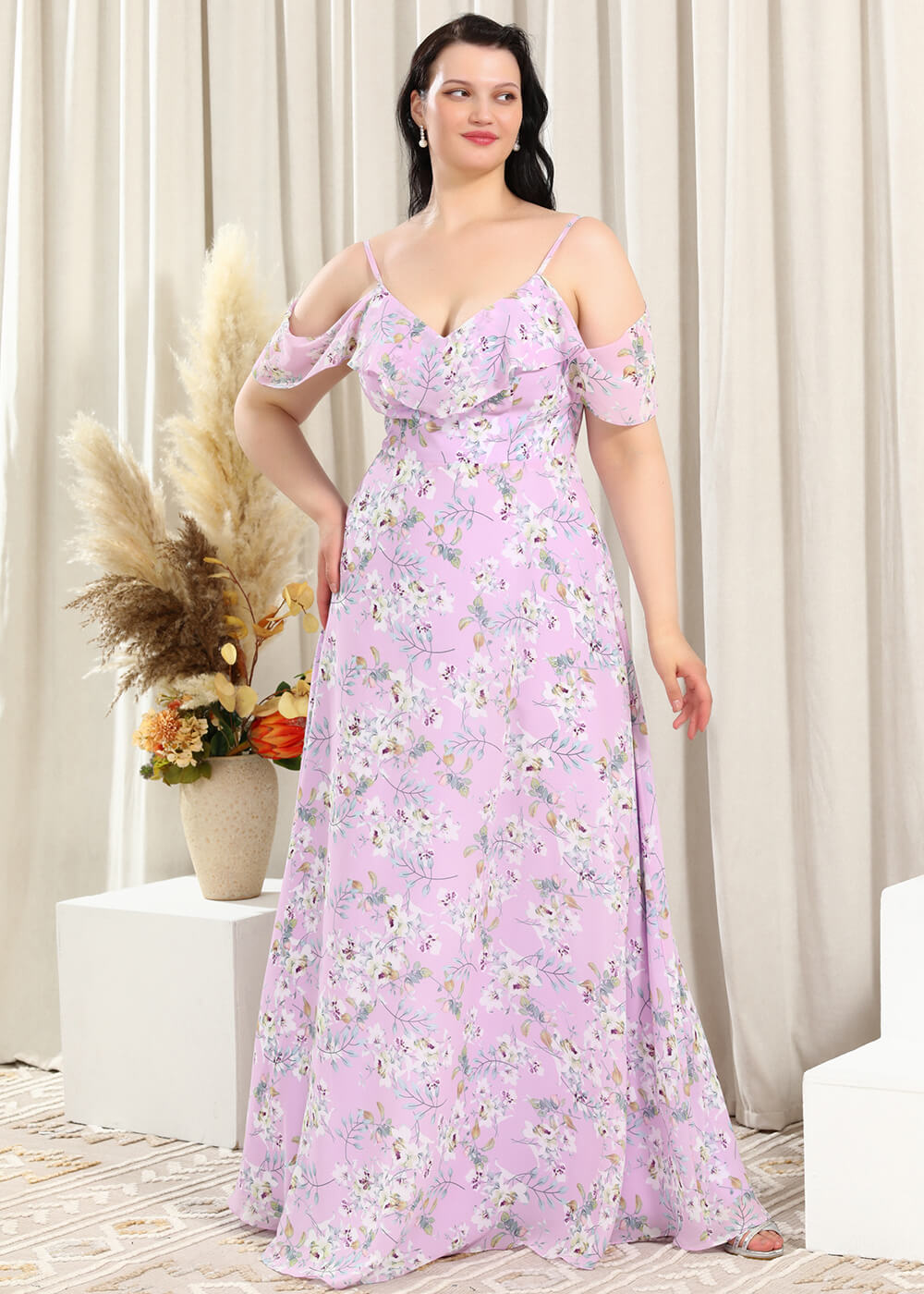 Floral Printing White Chiffon A-line Long Cold Shoulder Bridesmaid Dress