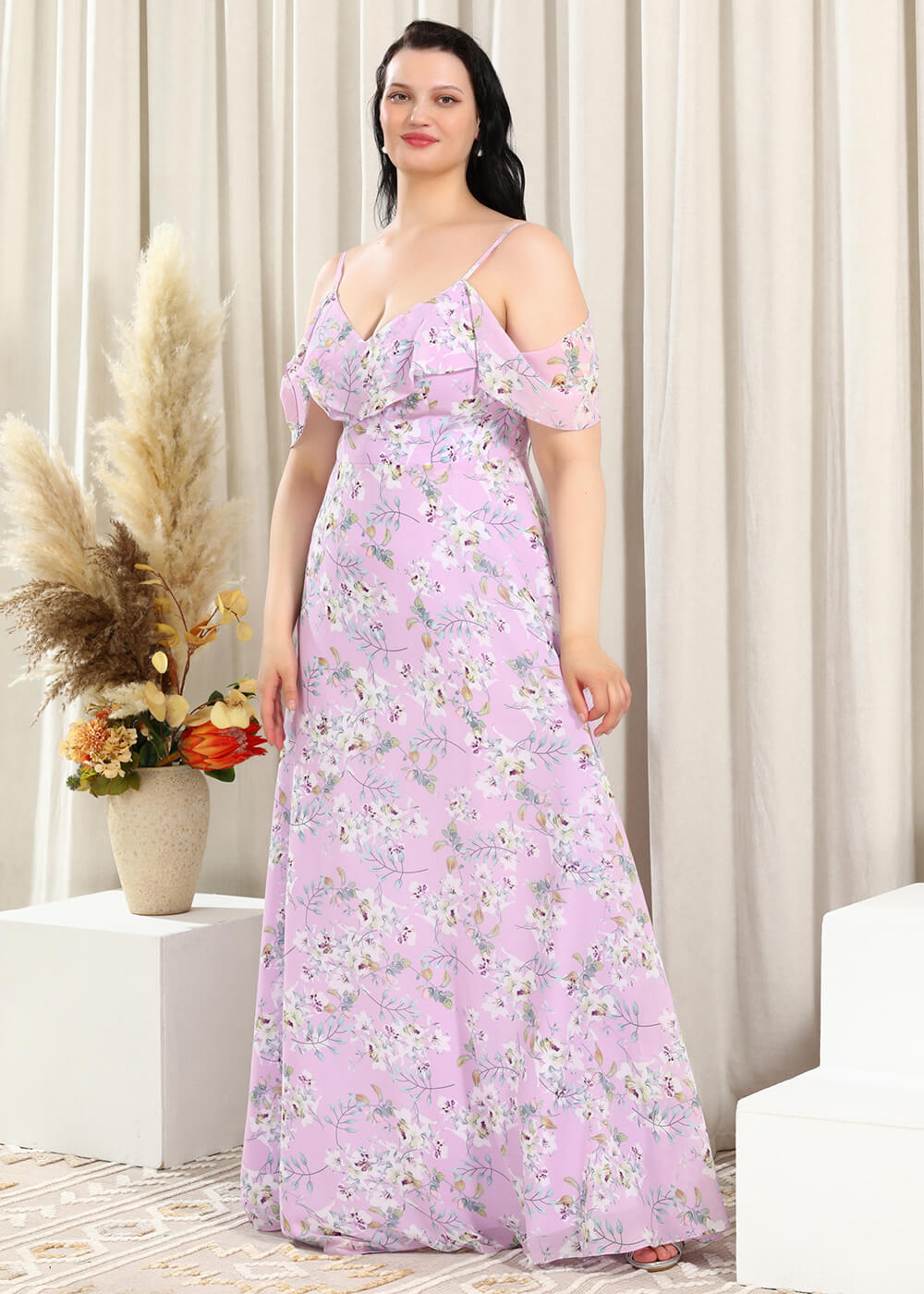 Flower Printing Lilac A-line V-neck Long Chiffon Bridesmaid Dress