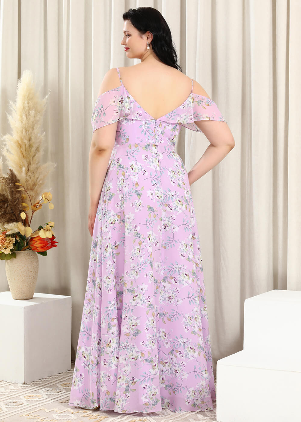 Floral Printing White Chiffon A-line Long Cold Shoulder Bridesmaid Dress