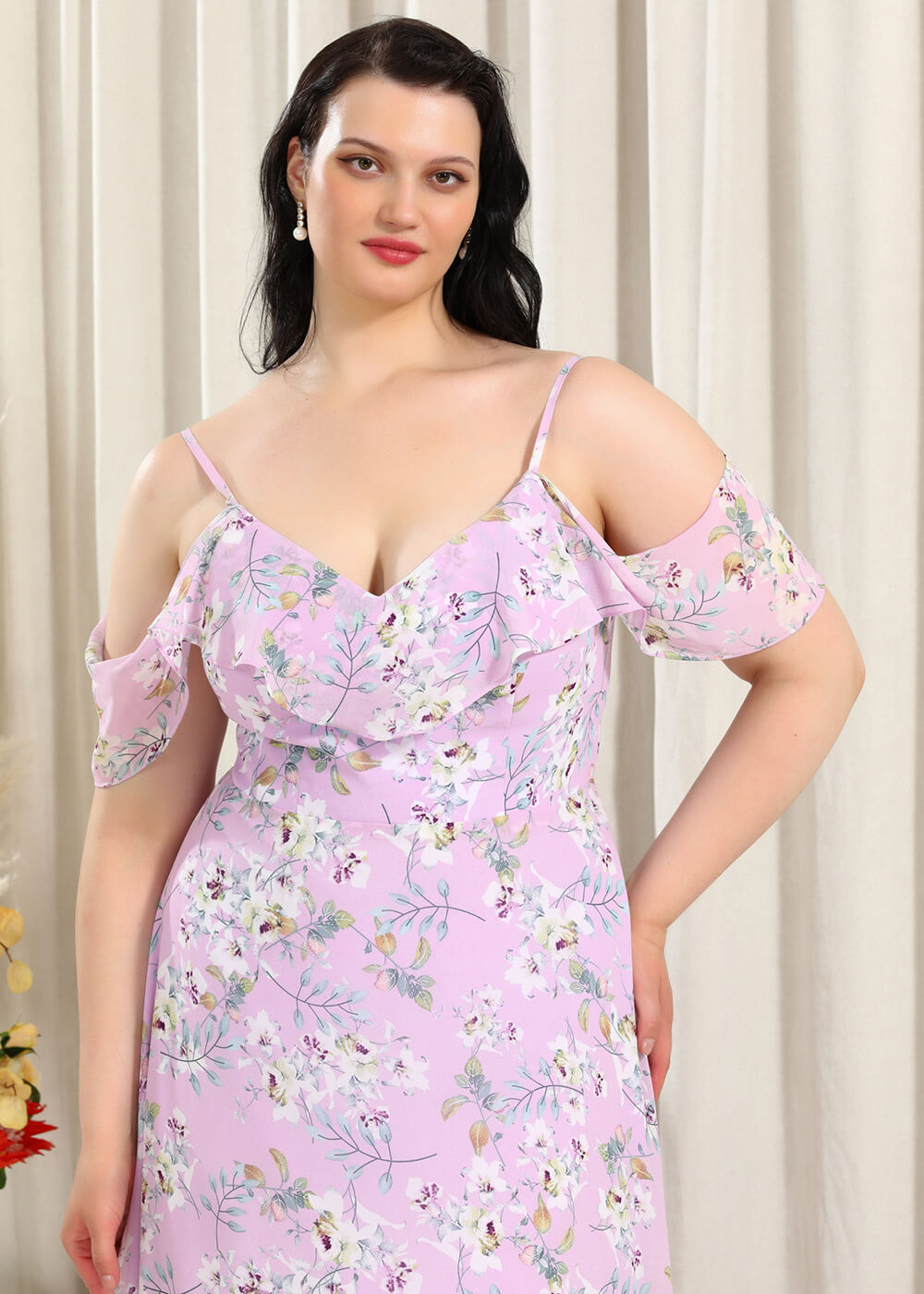 Flower Printing Lilac A-line V-neck Long Chiffon Bridesmaid Dress