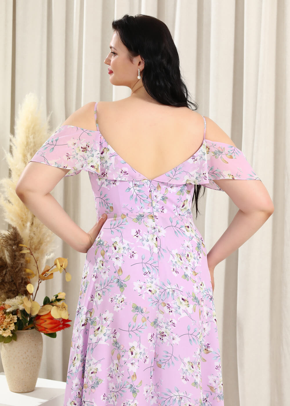 Floral Printing White Chiffon A-line Long Cold Shoulder Bridesmaid Dress