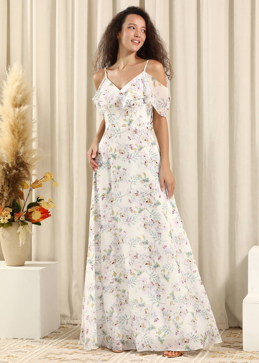 Floral Printing White Chiffon A-line Long Cold Shoulder Bridesmaid Dress