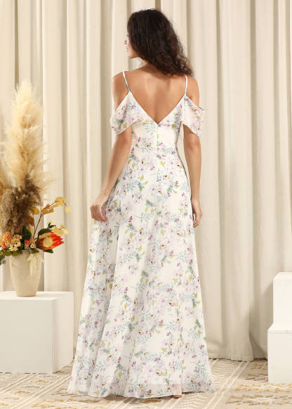 Floral Printing White Chiffon A-line Long Cold Shoulder Bridesmaid Dress