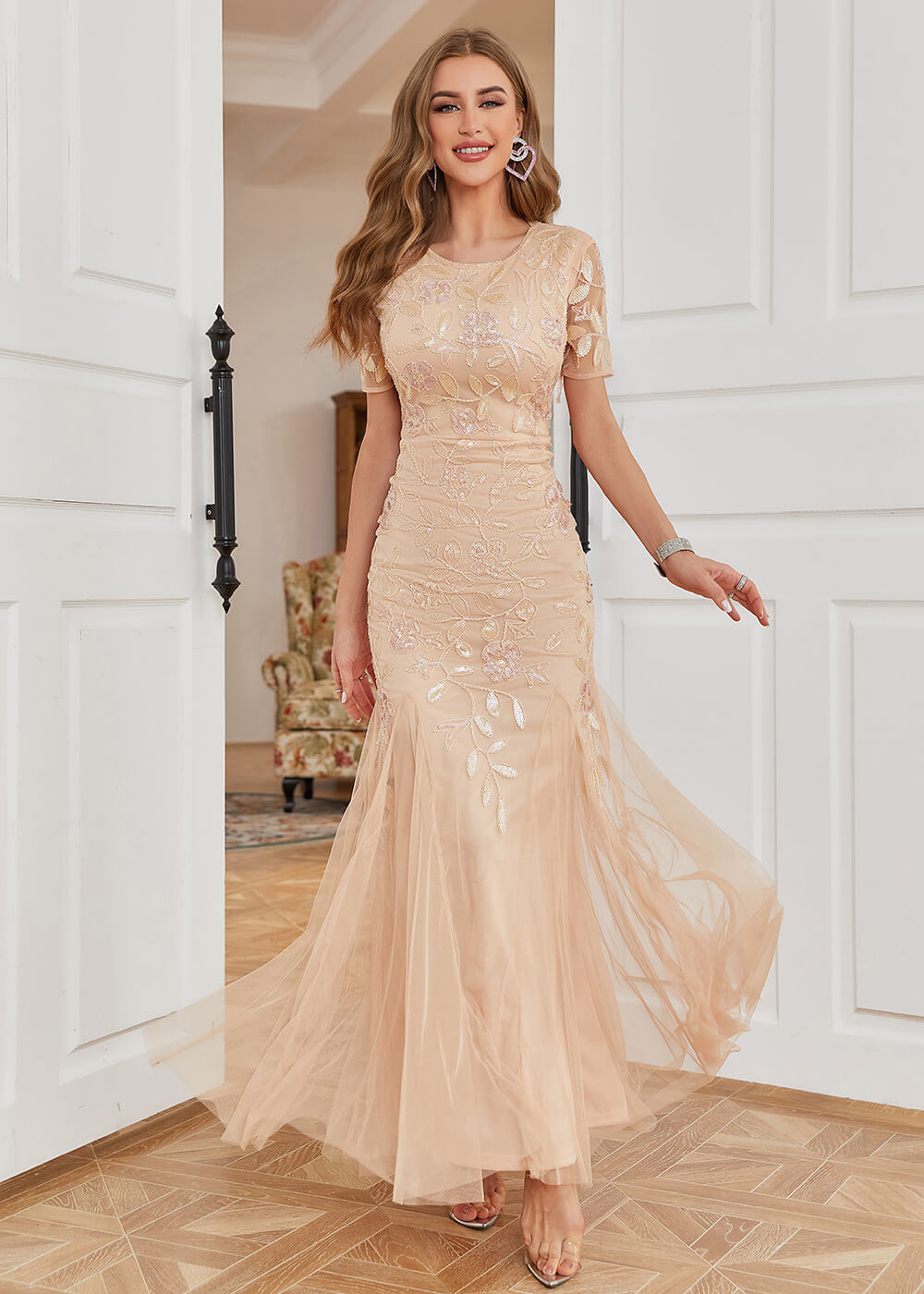 Blush Pink Sequin Partern Tulle Trumpet Long Party Dress Mother of Bri