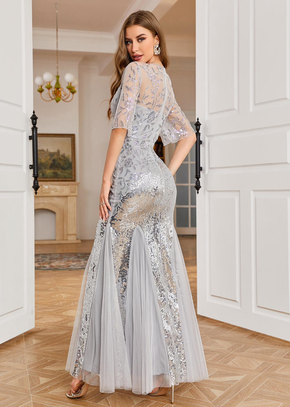 Grey Tulle Sequin Trumpet Long Party Dress Mom of Bride Dress