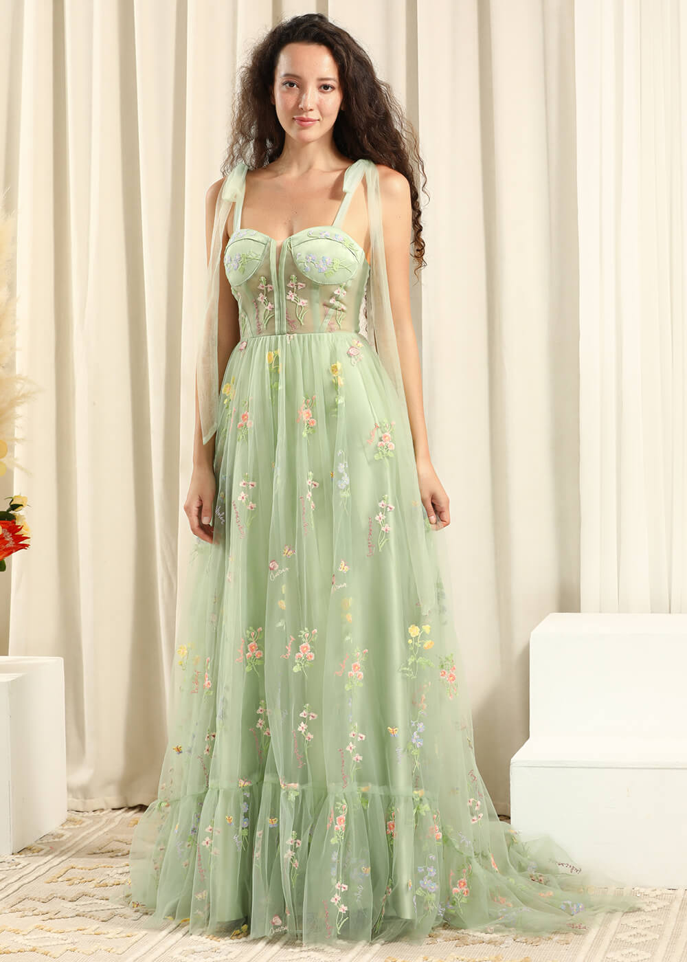 Green Tulle Flower Embroidery Adjustable Strap A-line Long Bridesmaid