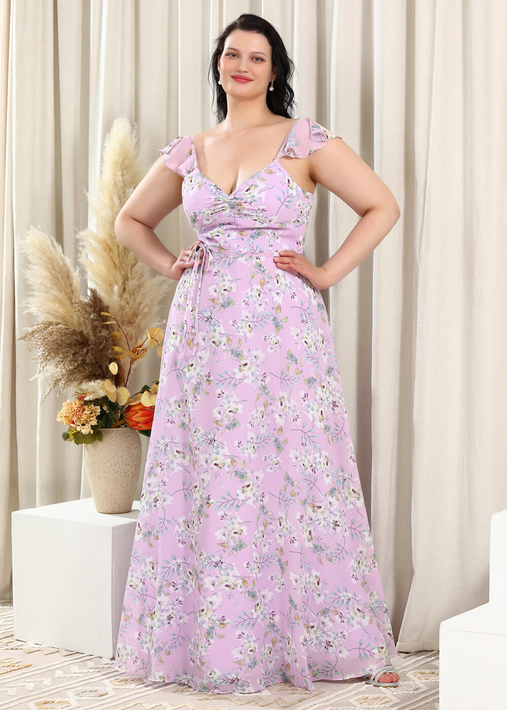 White Flower Printing Lilac Chiffon Floor Length Plus Size Bridesmaid Dress