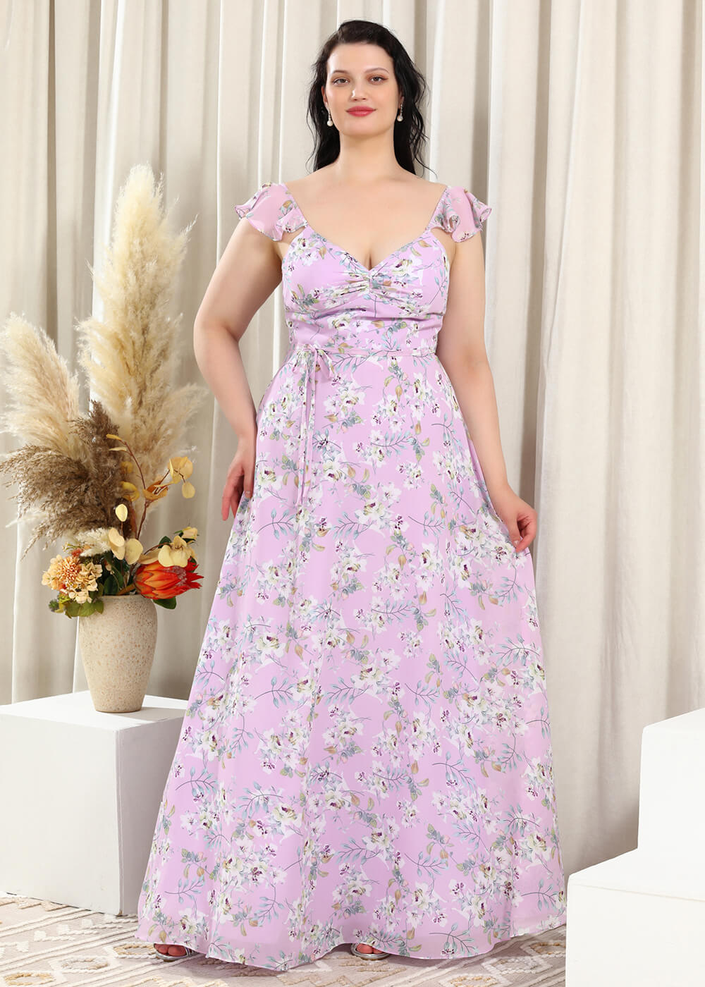 White Printing Chiffon V-neck A-line Ruffles Strap Long Bridesmaid Dress