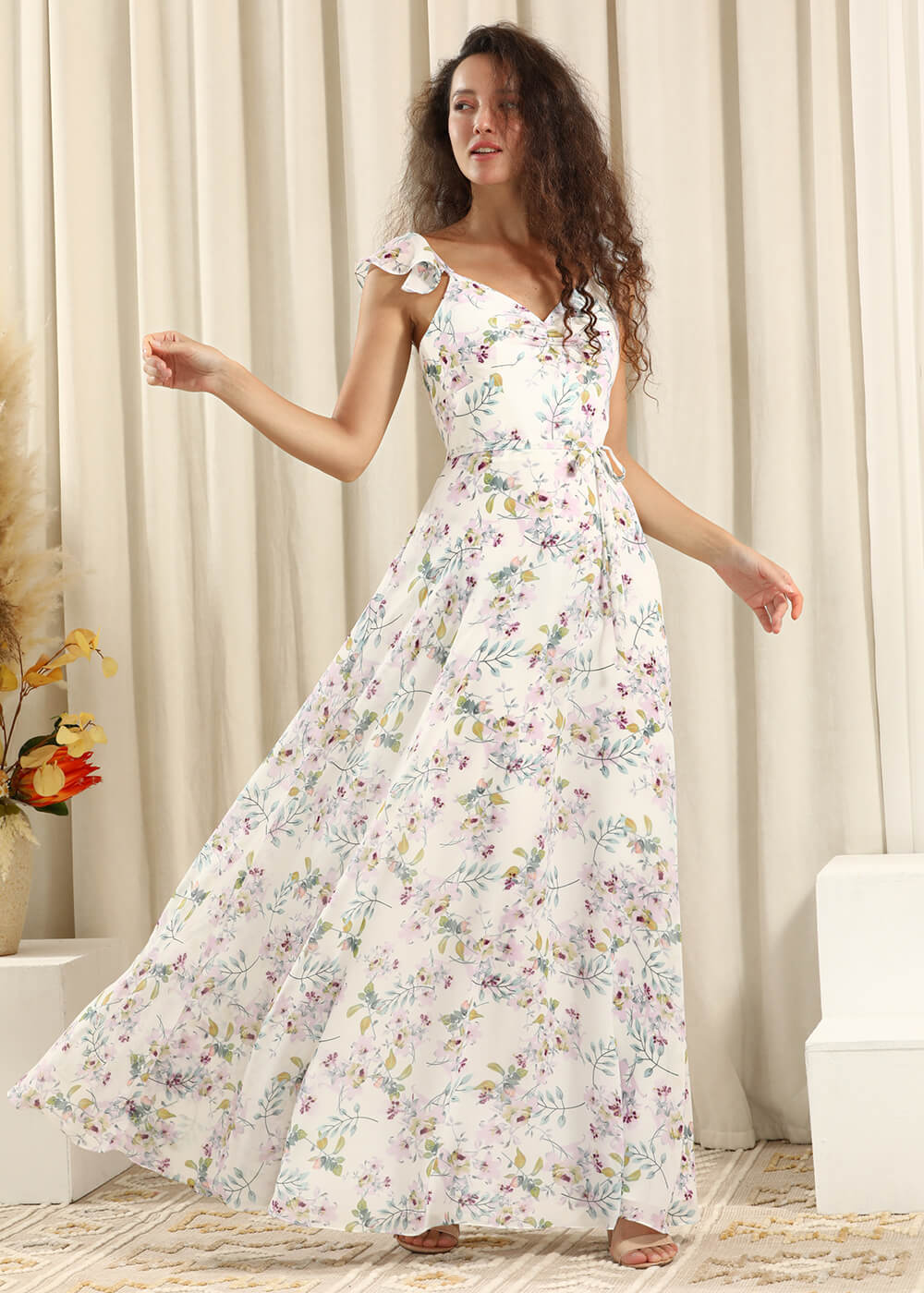 White Printing Chiffon V-neck A-line Ruffles Strap Long Bridesmaid Dress