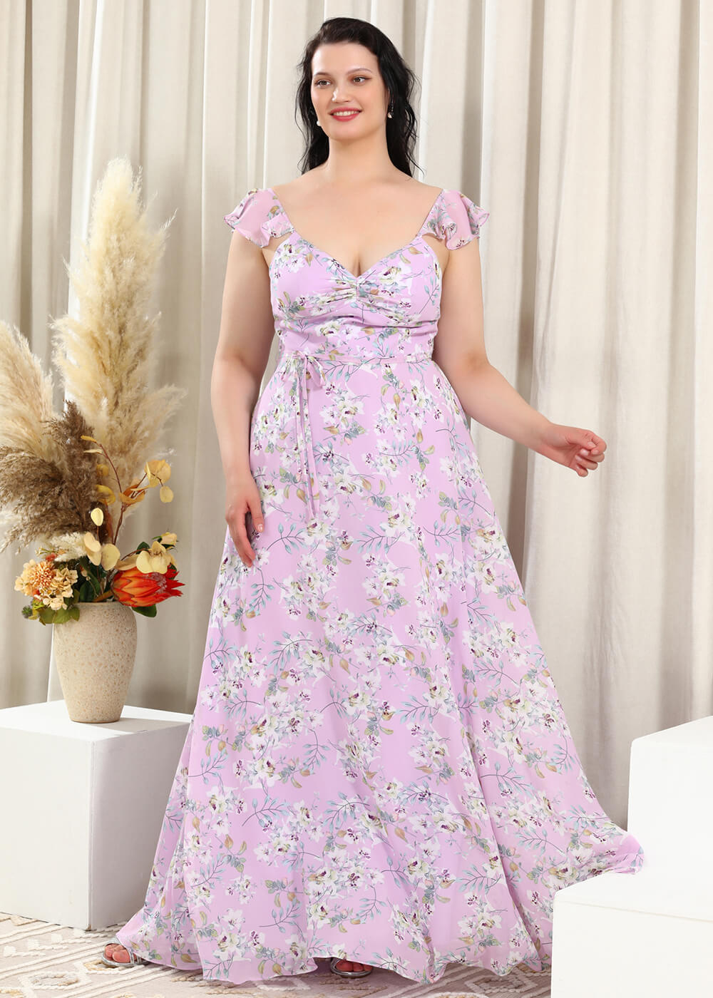 White Flower Printing Lilac Chiffon Floor Length Plus Size Bridesmaid Dress