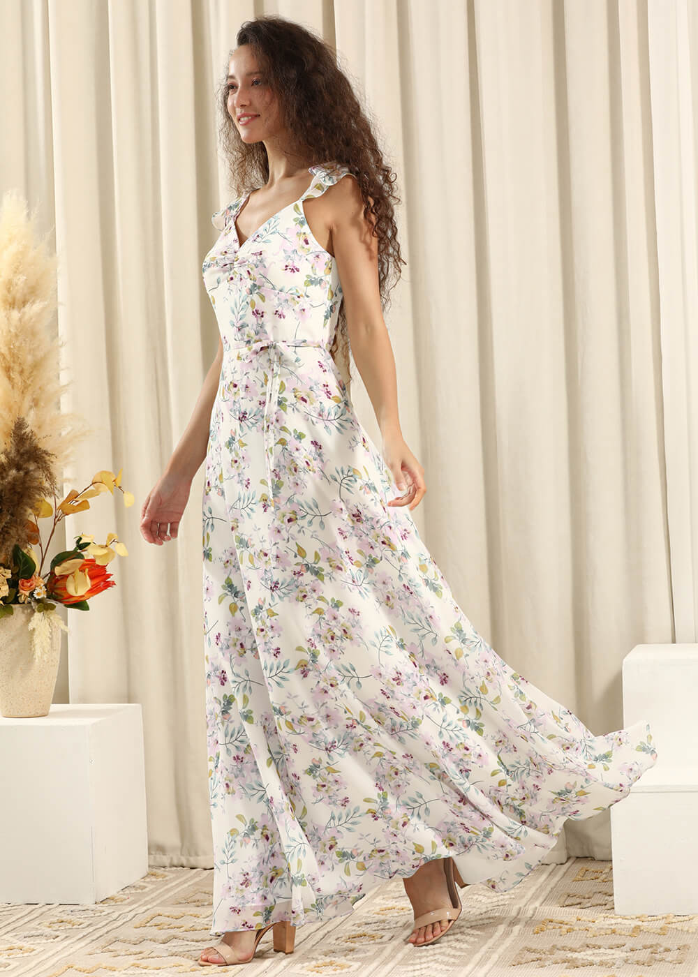 White Printing Chiffon V-neck A-line Ruffles Strap Long Bridesmaid Dress