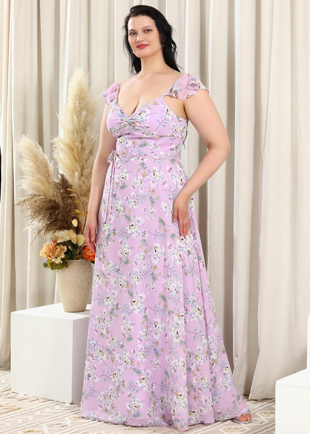White Printing Chiffon V-neck A-line Ruffles Strap Long Bridesmaid Dress