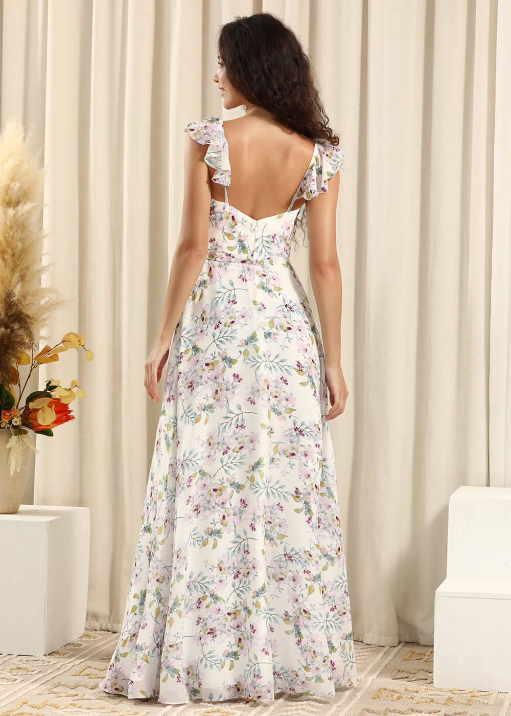 White Printing Chiffon V-neck A-line Ruffles Strap Long Bridesmaid Dress