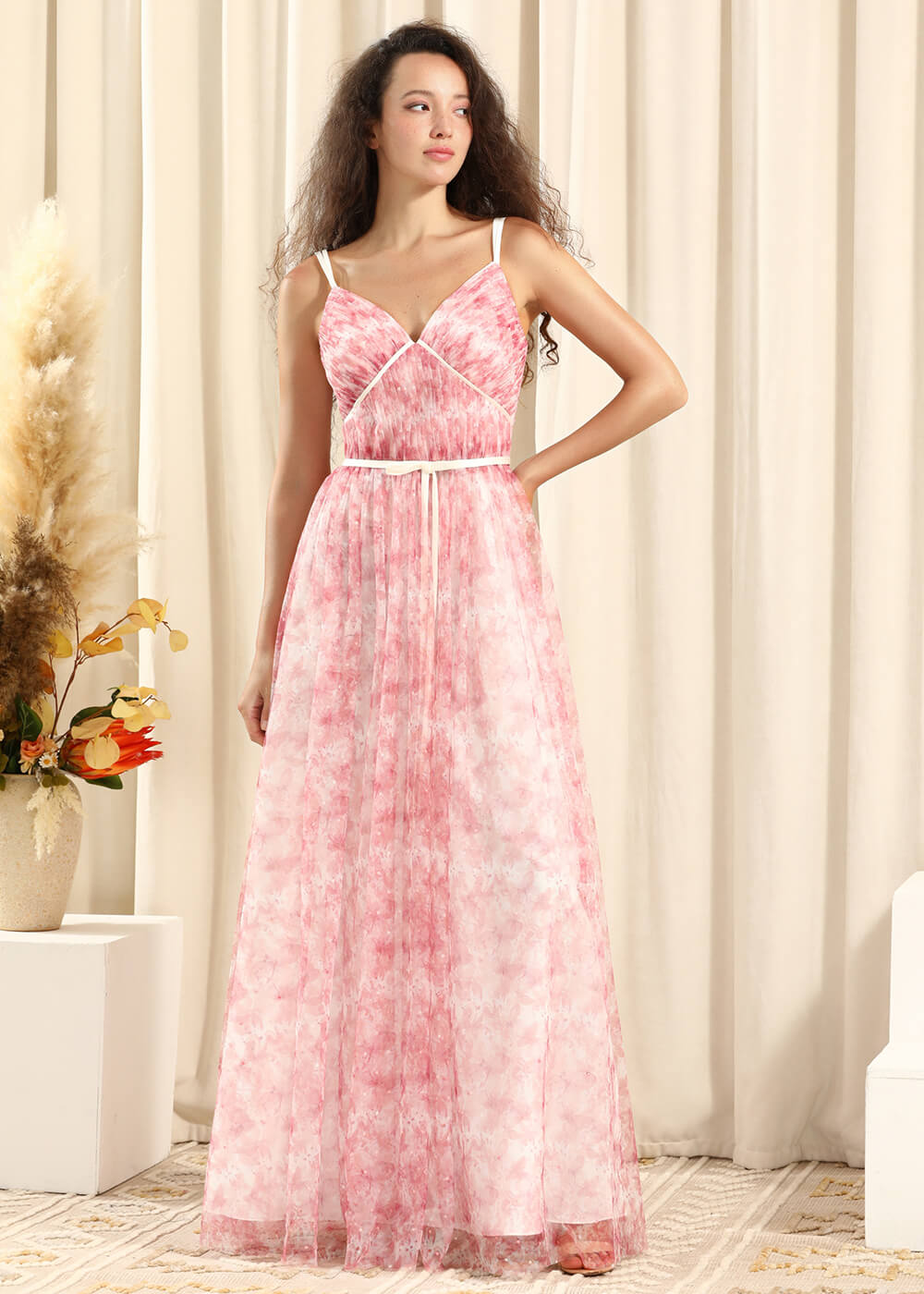 Blush Printing Tulle A-line V-neck Spaghetti Strap Long Bridesmaid Dress