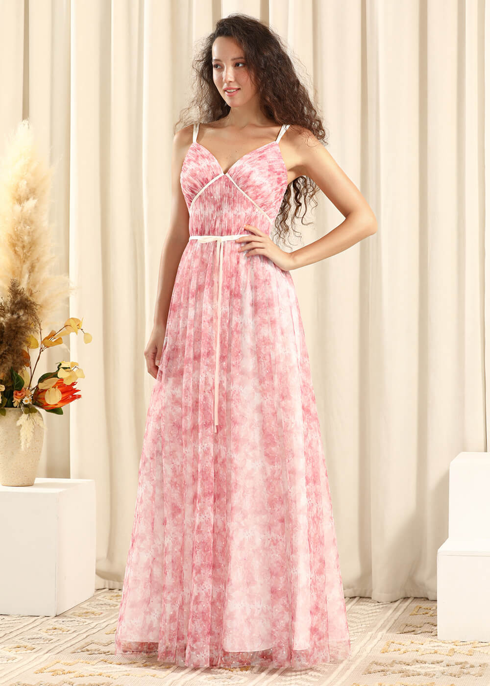 Blush Printing Tulle A-line V-neck Spaghetti Strap Long Bridesmaid Dress