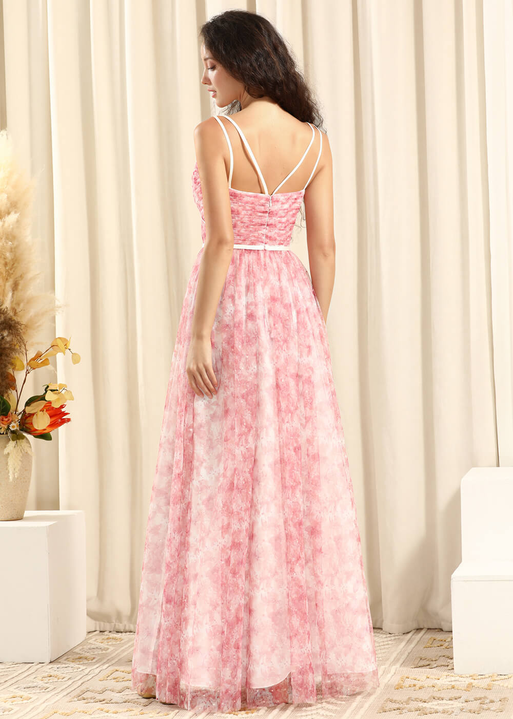 Blush Printing Tulle A-line V-neck Spaghetti Strap Long Bridesmaid Dress