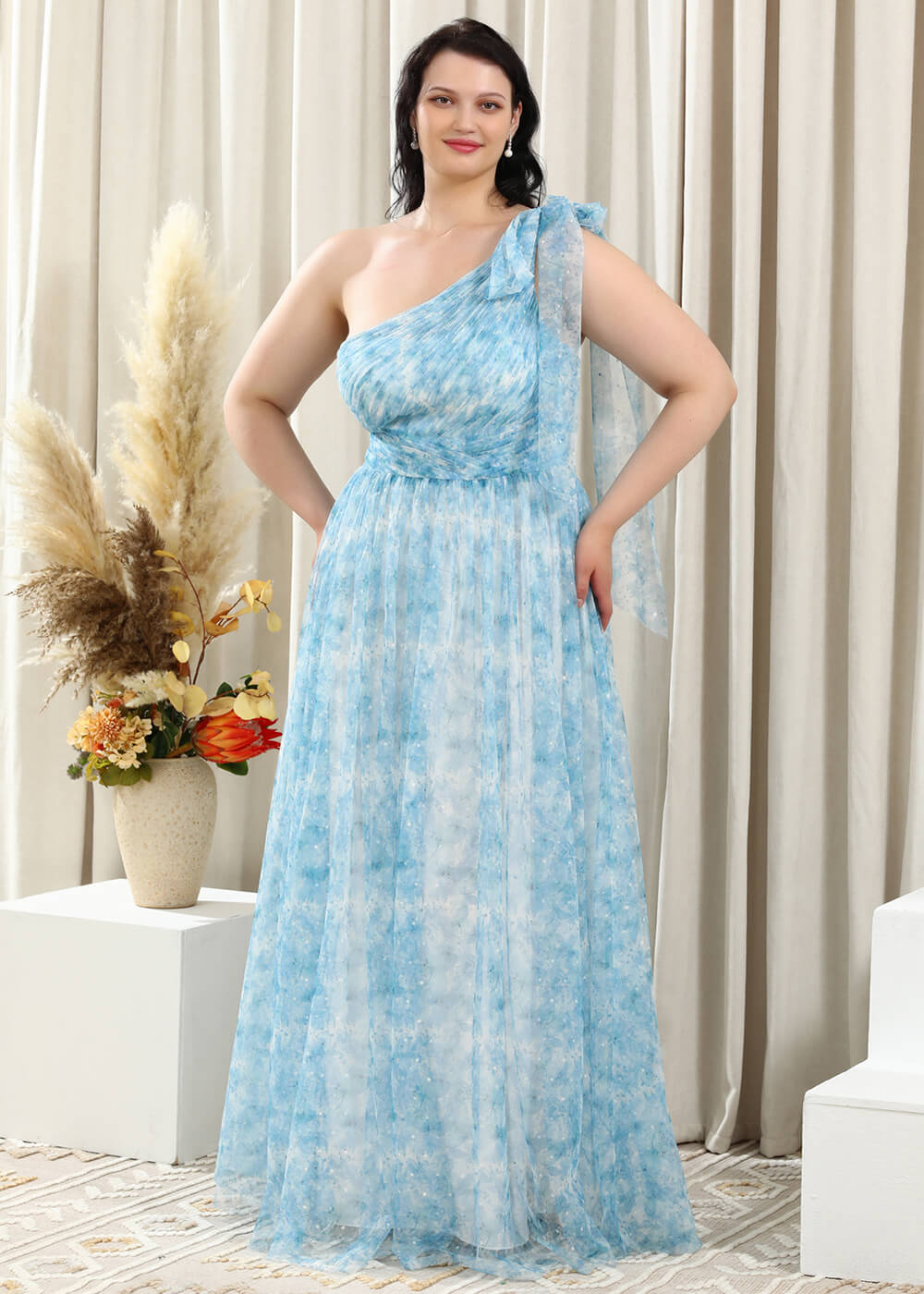 Blue Printing One Soulder Pleated Tulle Floor Length Bridesmaid Dress