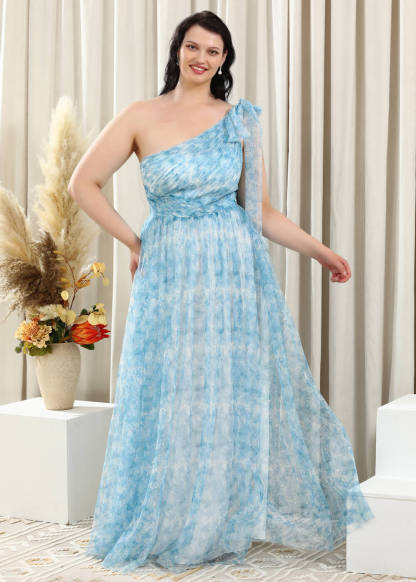 Blue Printing One Soulder Pleated Tulle Floor Length Bridesmaid Dress