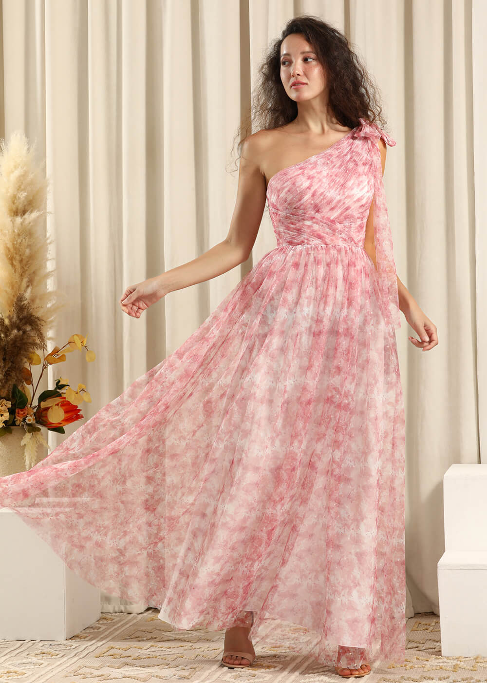 Blush Printing One Shoulder Pleated A-line Long Bridesmaid Dress