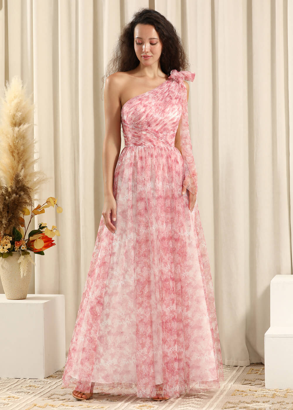 Blush Printing One Shoulder Pleated A-line Long Bridesmaid Dress