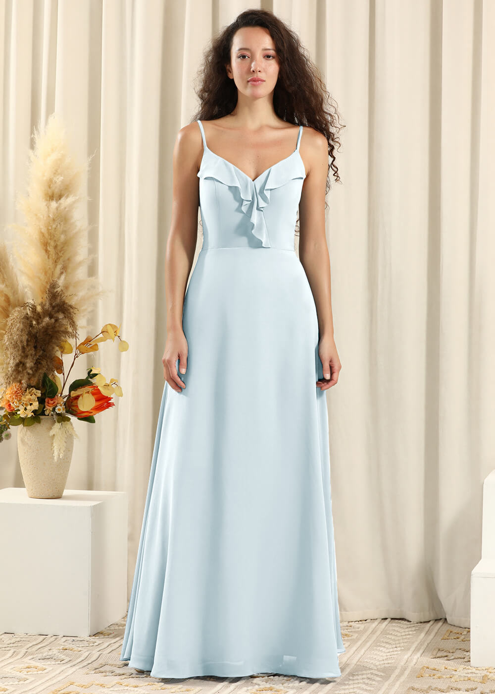 V-neck Spaghetti Strap Ruffles Chiffon V-back A-line Long Bridesmaid Dress