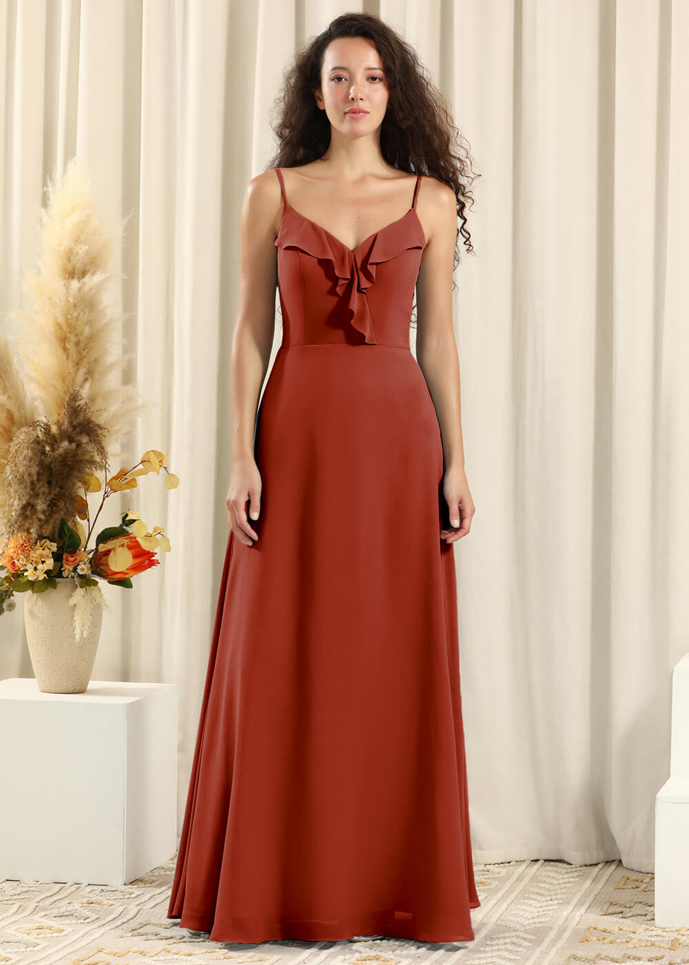 V-neck Spaghetti Strap Ruffles Chiffon V-back A-line Long Bridesmaid Dress