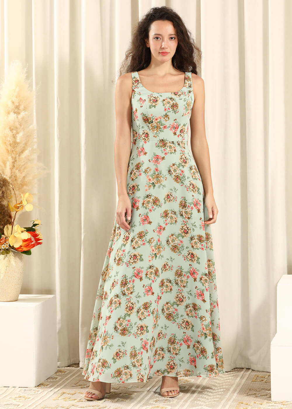 Flower Printing Sage Green Chiffon Square Neck A-line Long Bridesmaid Dress