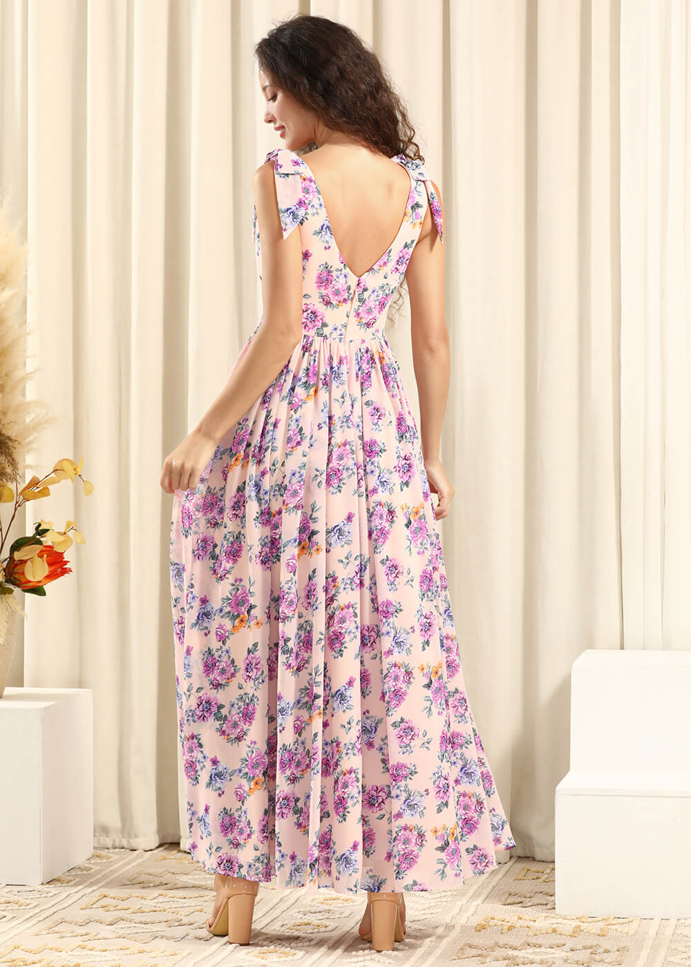 Lilac Flower Printing Chiffon Adjustable Strap Ruffles A-line Bridesmaid Dress