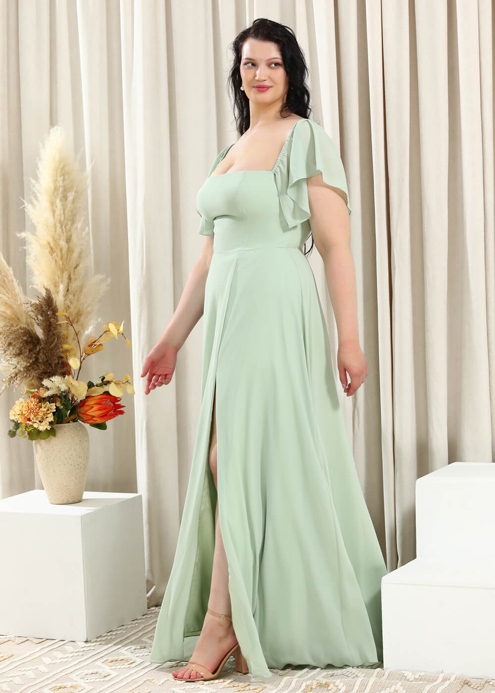 Square Neck Cap Sleeve A-line Long Chiffon Bridesmaid Dress