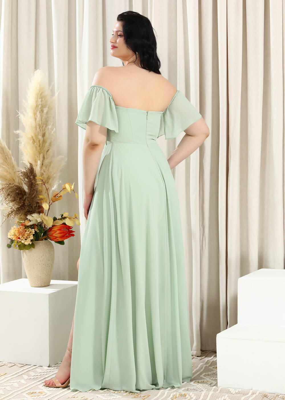 Square Neck Cap Sleeve A-line Long Chiffon Bridesmaid Dress