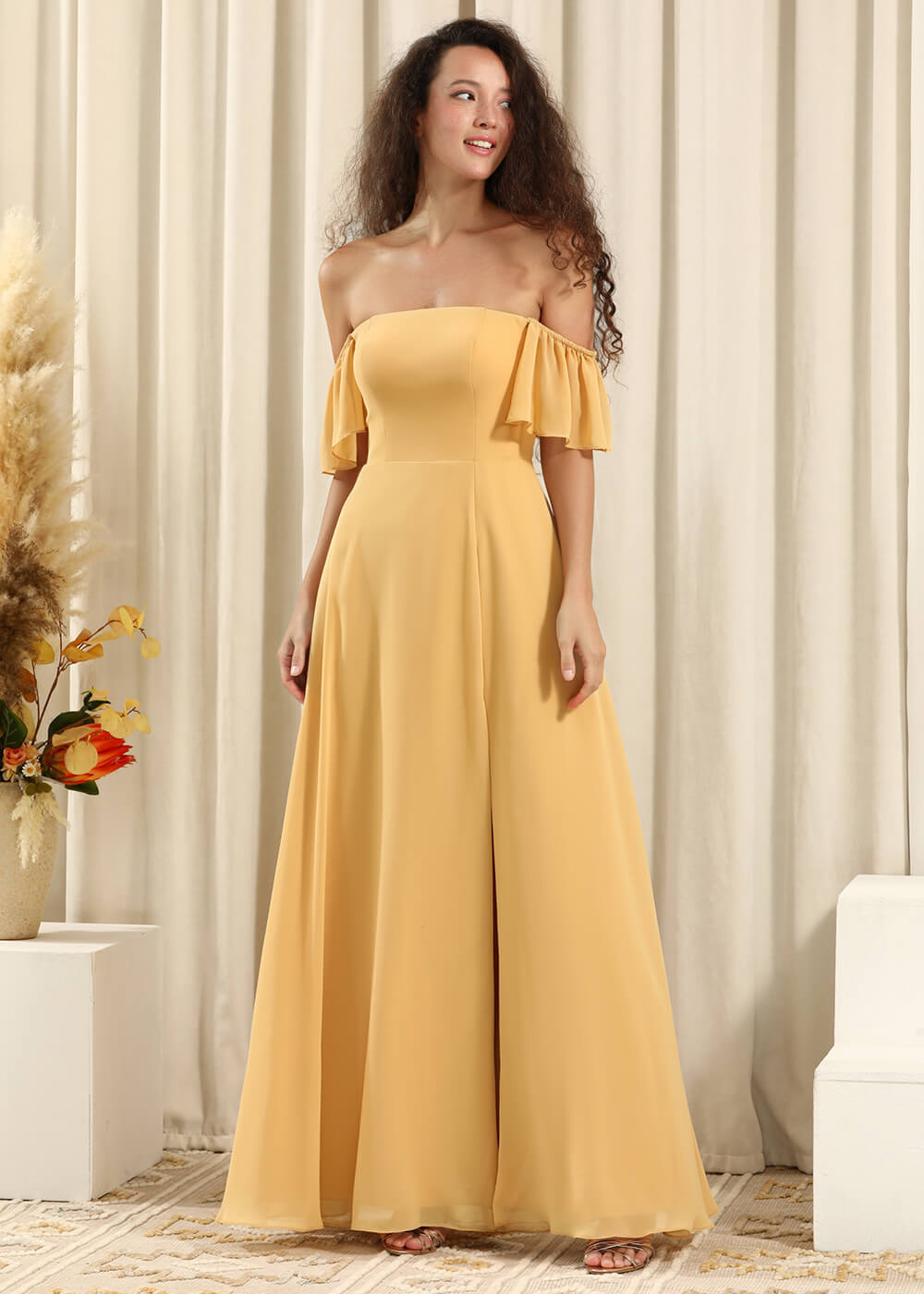 Off the Shoulder A-line Long Chiffon Split Bridesmaid Dress
