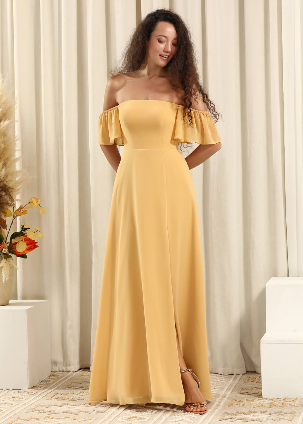 Off the Shoulder A-line Long Chiffon Split Bridesmaid Dress