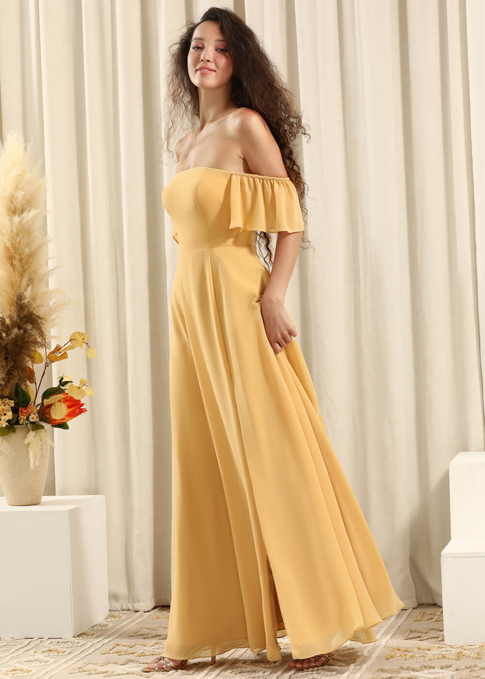 Off the Shoulder A-line Long Chiffon Split Bridesmaid Dress