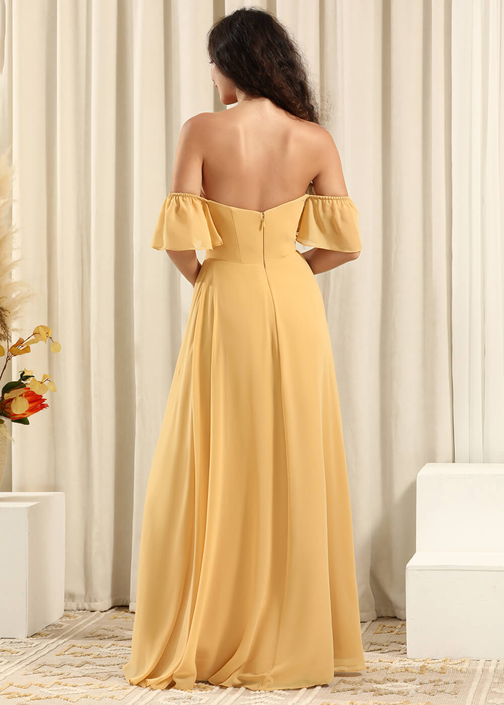 Off the Shoulder A-line Long Chiffon Split Bridesmaid Dress