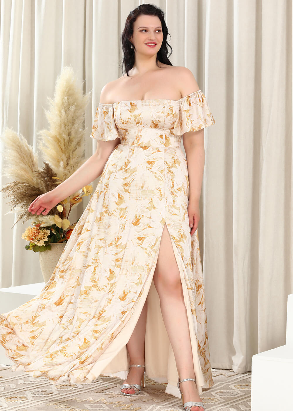 Yellow Printing Chiffon Square Neck A-line Leg Slit Bridesmaid Dress