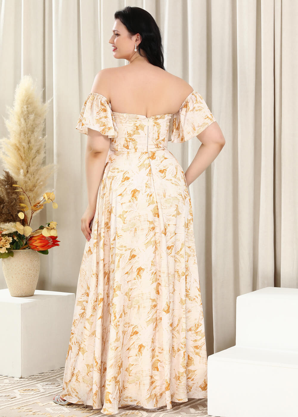 Yellow Printing Chiffon Square Neck A-line Leg Slit Bridesmaid Dress