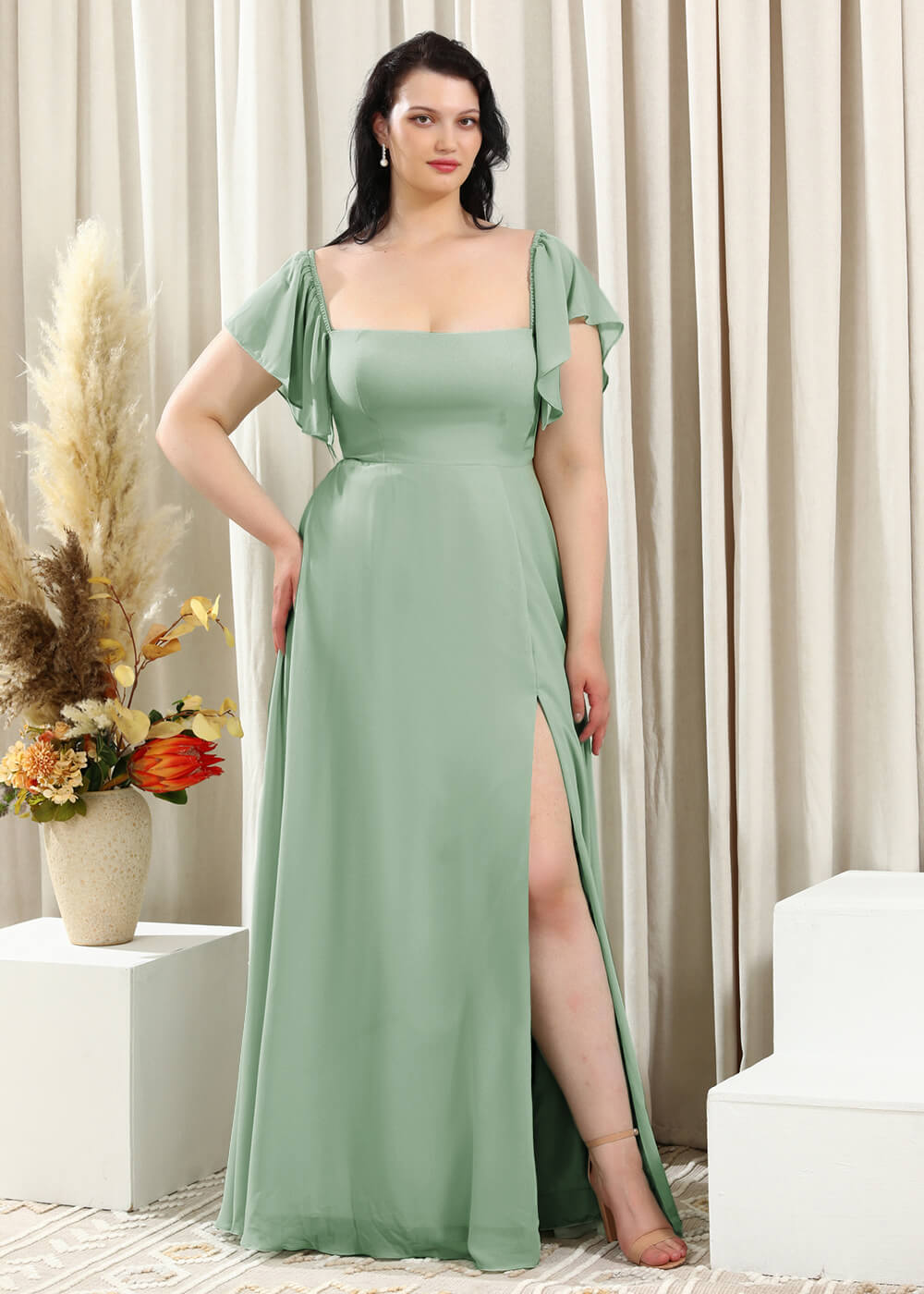Square Neck Cap Sleeve A-line Long Chiffon Bridesmaid Dress