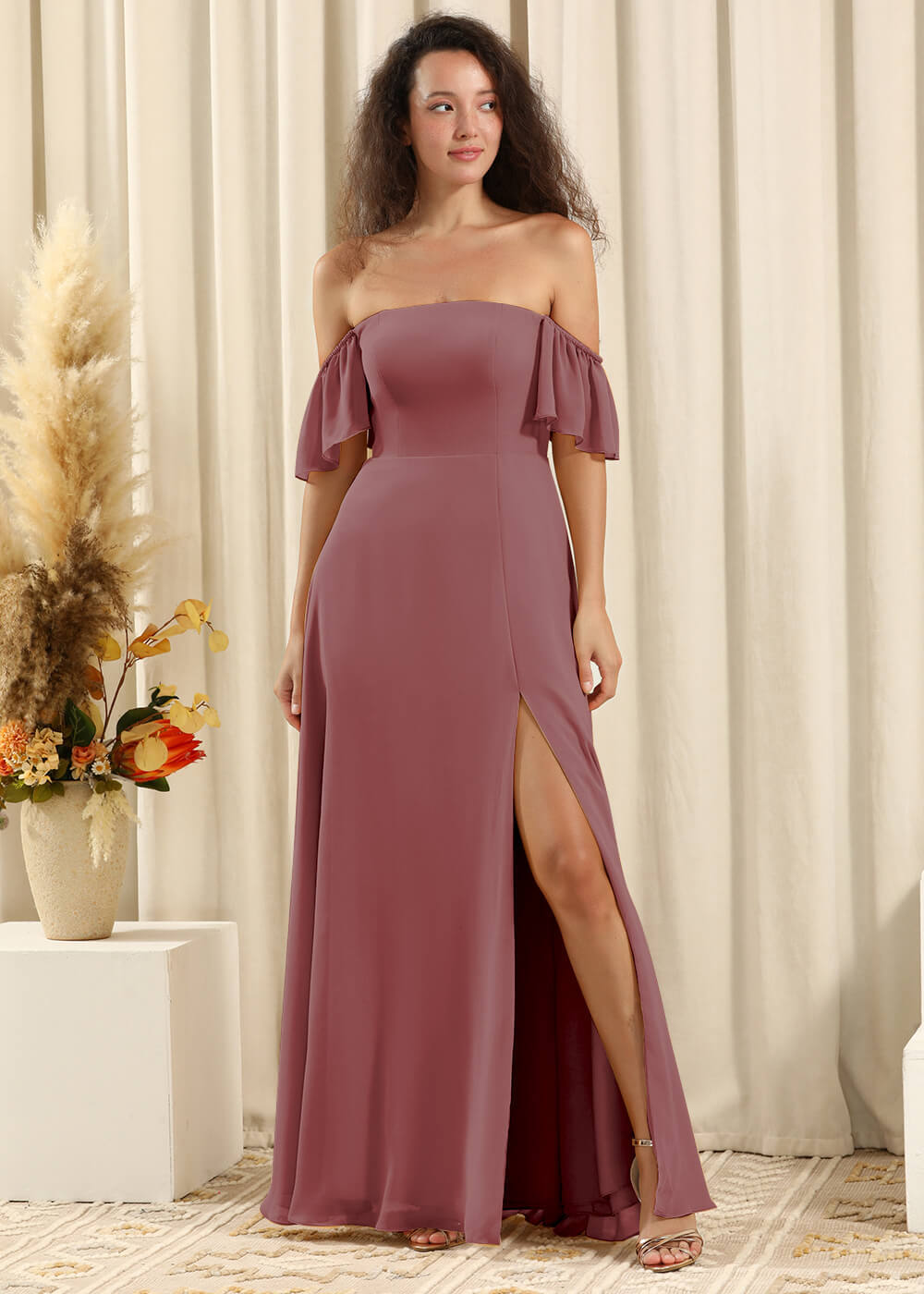 Off the Shoulder A-line Long Chiffon Split Bridesmaid Dress